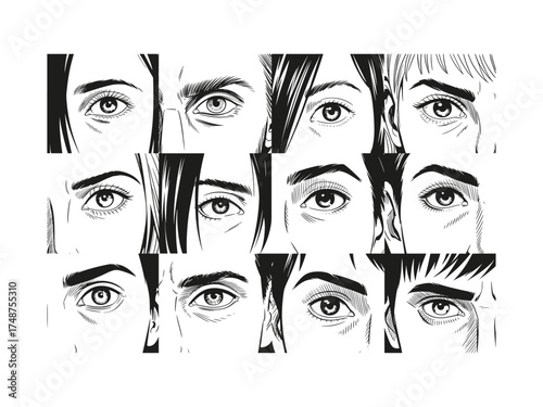 Vector set of anime style eyes in black and white for illustration design, Illustrations featuring varied shapes, expressions styles for use in sketch art design, cartoons, creative projects