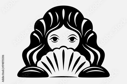 Mermaid silhouette holding shell in minimalist black design  