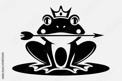 Frog princess illustration, whimsical mood, holding arrow, black and white style