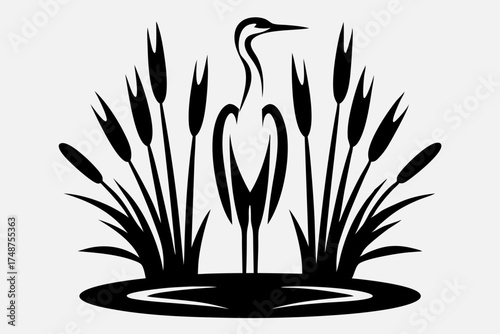 Heron standing among reeds in a minimalist black and white style  
