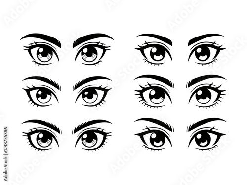Vector set of anime style eyes in black and white for illustration design, Illustrations featuring varied shapes, expressions styles for use in sketch art design, cartoons, creative projects