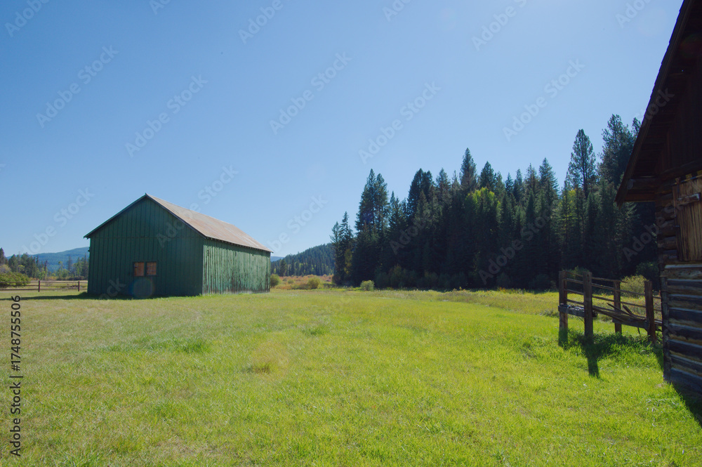 Obraz premium Rustic Wooden Barn With Weathered Logs On a Bright Green Field Under Clear Blue Sky. Historic Rustic Ant Flat Kootenai National Forest in Montana. Evoking countryside charm and rural life in a serene