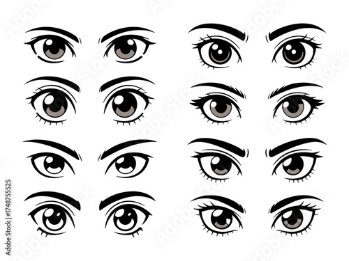 Vector set of anime style eyes in black and white for illustration design, Illustrations featuring varied shapes, expressions styles for use in sketch art design, cartoons, creative projects