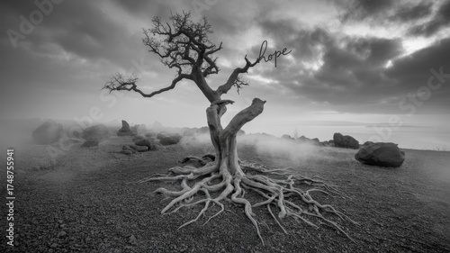 A solitary, gnarled tree with exposed roots stands on a rocky, misty shore under a dramatic, cloudy sky in a stark black and white landscape