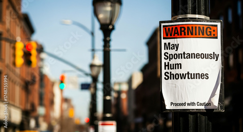 A large sign is prominent, attached to a black pole. The sign is humorous, displaying a warning that reads: 