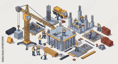Isometric construction site with workers, crane, and building materials.