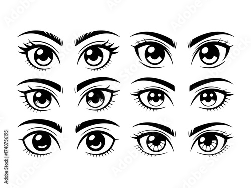 Vector set of anime style eyes in black and white for illustration design, Illustrations featuring varied shapes, expressions styles for use in sketch art design, cartoons, creative projects