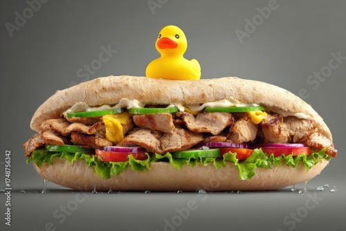 Humorous food concept featuring an oversized sandwich with grilled meat fresh vegetables and a playful yellow rubber duck on top against gray backdrop