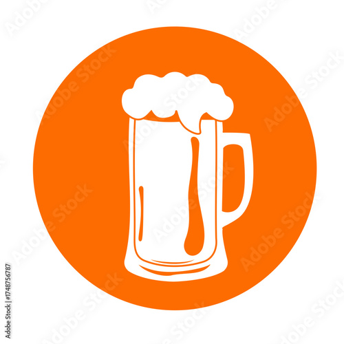 icon of a beer mug with foam, transparent background and bold orange circle; minimalist digital style, clear contours, modern bar and beverage theme