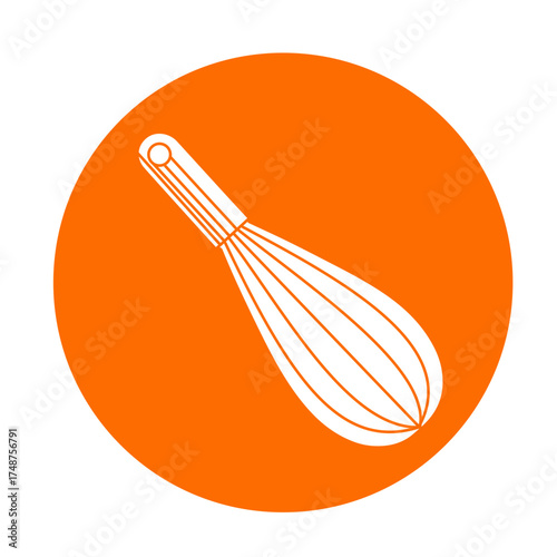 icon of a wire whisk for cooking and baking, on a transparent background inside a bold orange circle; minimalist digital line art, clean contours, culinary and kitchen theme