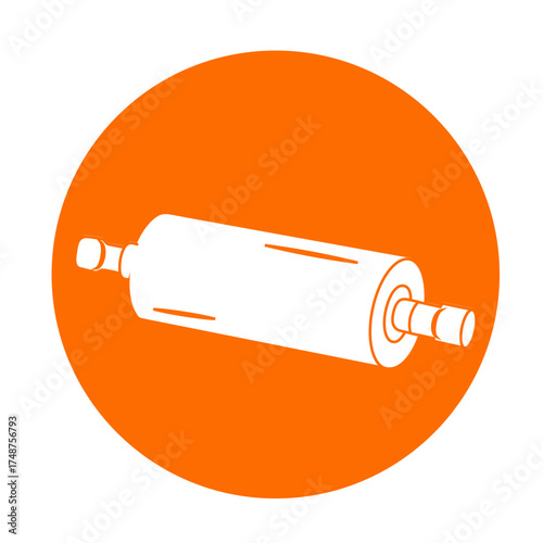 icon of a rolling pin on a transparent background within a vivid orange circle; minimalist digital style, strong geometric form, kitchen and baking theme.