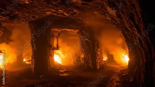 Lithium Mine Tunnels Under Orange Glow from Underground Fire