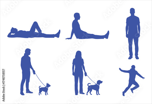 Collection of people silhouettes, featuring diverse poses such as lying down, sitting, walking dogs, and standing still