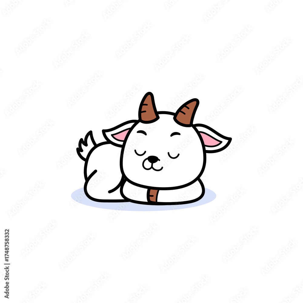 Fototapeta premium Cute Cartoon Goat Illustration Peaceful Nap Peaceful Sleep Adorable Farm Animal With Horns And Tail White And Brown Colors Soft Lighting Simple Background