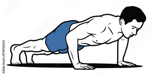 Man Doing Push Up Exercise Vector Illustration on White Background - Athlete Fitness Workout Pose, Strength Training, Gym, Bodybuilding And Health Concept Design.