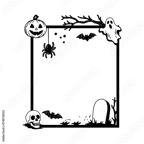Pumpkin,ghost,spider, skull frame Illustration black frame with decorative halloween pumpkins