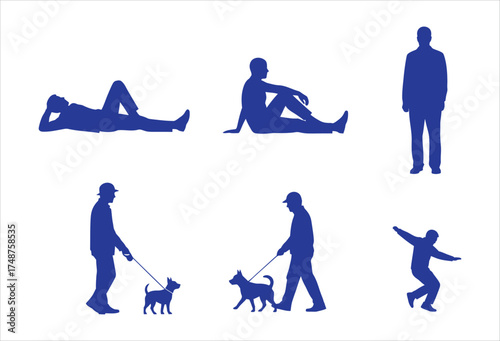 Collection of people silhouettes, showcasing various poses like lying down, sitting, walking dogs, and standing still