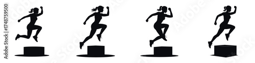 Silhouette of Female Athlete Jumping on Box – Woman Doing Plyometric Exercise, Fitness Training, Cross Workout, Strength and Endurance Sports Vector Illustration for Active Lifestyle Design