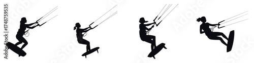 Silhouette of Female Kitesurfer Riding Waves – Woman Kiteboarding on Surfboard, Extreme Water Sports Action, Adventure, Summer Vacation, and Ocean Surfing Vector Illustration