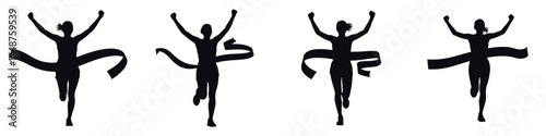 Silhouette of Female Runner Finishing Marathon – Woman Crossing Finish Line, Victory Pose, Winner Celebration, Athletic Success, Sports Competition Vector Illustration for Fitness and Motivation Desig