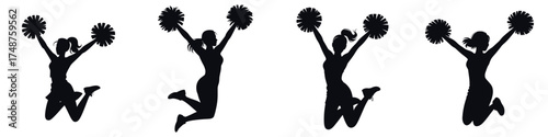 Silhouette of Cheerleader Jumping with Pom Poms – Energetic Female Dance Team, Cheerleading Girl in Motion, Sport Spirit, Dynamic Fitness Vector Illustration for Celebration and Team Performance Desig