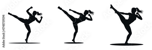 Silhouette of Female Martial Artist Kicking – Woman Practicing Karate, Taekwondo, or Kickboxing, Strong Female Fighter in Action, Self Defense and Fitness Training Vector Illustration