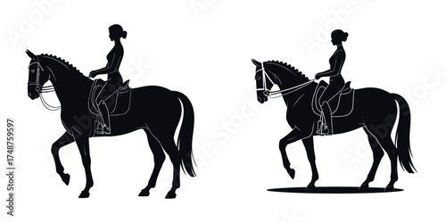 Silhouette of Female Equestrian Riding Horse – Elegant Woman on Horseback, Dressage Rider Illustration, Horse Riding Sport Vector, Equestrian Training and Animal Movement Concept Design