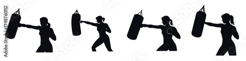 Silhouette of Female Boxer Training with Punching Bag – Woman Practicing Boxing, Fitness Workout, Strength and Endurance Exercise, Martial Arts and Sports Vector Illustration