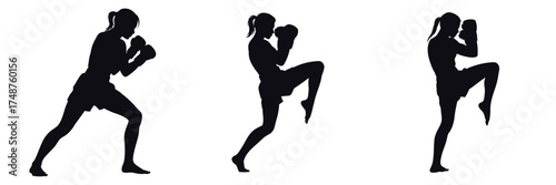 Silhouette of Female Kickboxer Training – Woman Practicing Muay Thai, Boxing and Martial Arts, Strong Female Fighter in Action, Fitness Workout and Self Defense Vector Illustration