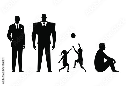 The stages of a mans life are depicted in a vector illustration, showing the transition from a suited businessman to a father and then to old age