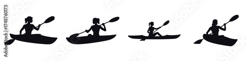 Silhouette of Female Kayaker Paddling – Woman Canoeing on River or Lake, Active Water Sports, Outdoor Adventure, Fitness Recreation and Summer Travel Vector Illustration