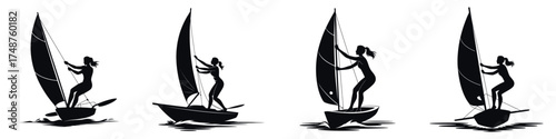 Silhouette of Female Windsurfer on Board – Woman Sailing on Water with Sail, Extreme Water Sport, Summer Adventure, Ocean Recreation, and Outdoor Fitness Vector Illustration