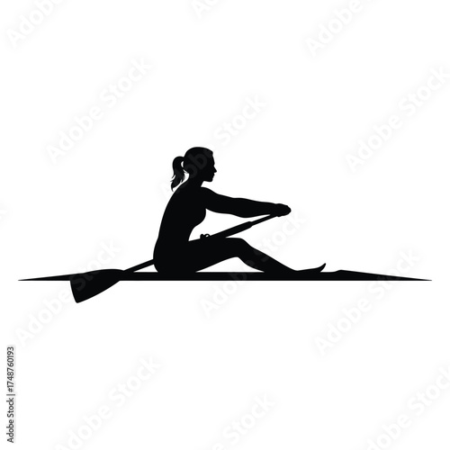 Silhouette of Female Rower Paddling Boat – Woman Rowing on Water, Sport and Fitness Concept, Outdoor Activity, Strength Training, River and Lake Recreation Vector Illustration