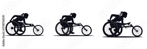 Silhouette of Female Wheelchair Racer in Action – Woman Athlete Competing in Paralympic Sports, Strength, Determination, and Fitness Vector Illustration for Motivation and Disability Inclusion Design