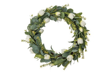 Elegant floral wreath of white tulips and eucalyptus leaves, perfect for spring or wedding decor. background removed
