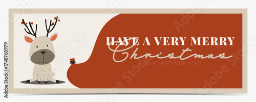 Merry Christmas cute banner, cover, poster, greeting card, label, flyer with an adorable reindeer and a big gift bag on beige background, vector illustration