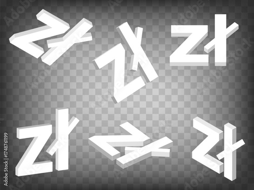 Set of perspective projections 3d Polish zloty Sign model icons on transparent background.  High detailed 3d zloty of Poland.  Abstract concept of graphic elements for your design. EPS 10