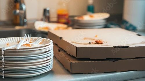 Pile of dirty dishes and pizza boxes in kitchen