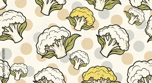 A charming repeating pattern of hand-drawn cauliflower illustrations, featuring both white and yellow varieties against a soft cream background with pastel polka dots
