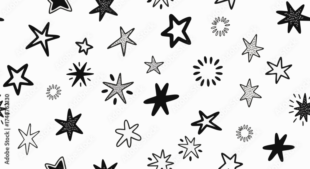 Fototapeta premium A playful, black and white seamless pattern featuring hand-drawn stars and abstract sparkle elements