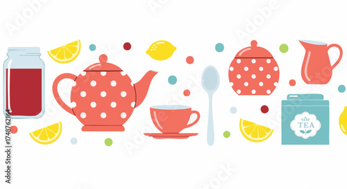 A playful, flat design illustration featuring a tea set with a polka-dot teapot, cup, sugar bowl, and pitcher