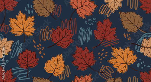 A playful, hand-drawn autumn pattern features colorful maple leaves scattered on a dark blue background