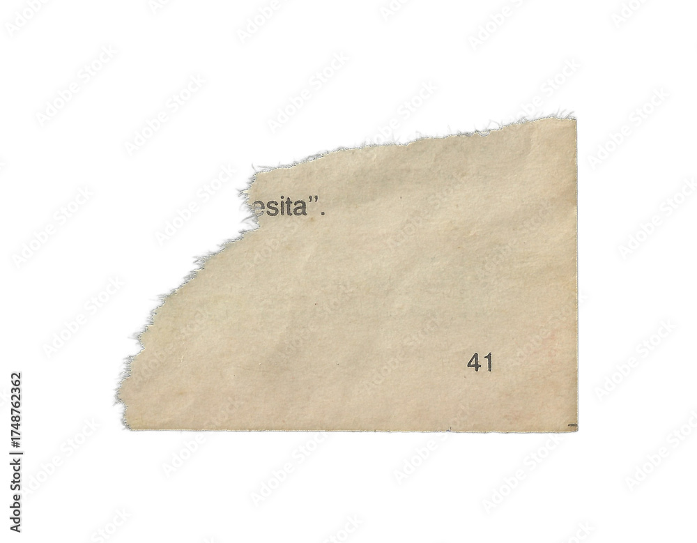 Fototapeta premium Torn Aged Page Fragment with Partial Spanish Text and Page Number on Transparent Background