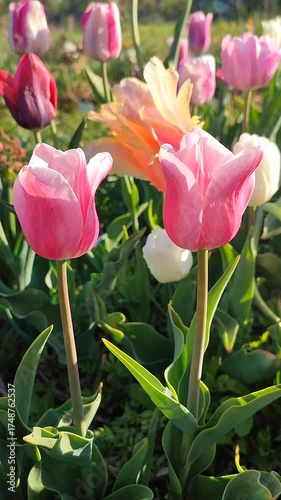 Many blooming colorful tulips flowers on sunny spring day. Varietal blooming tulips. Blooming white pink red flowers, green leaves. Growing blossoming flowers. Nature. Natural background Vertical