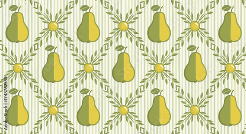 A vibrant seamless vector pattern features stylized green and yellow pears, framed by decorative leaves and circular accents