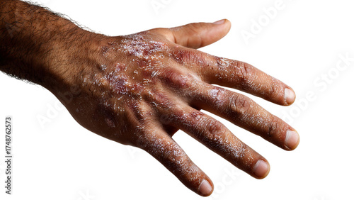 PNG of Close-up of a man's hand with a skin condition, showcasing dry, cracked patches and an uneven texture.