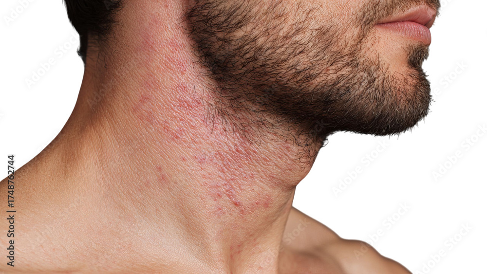 Obraz premium PNG of Close-up of a Caucasian male's neck with visible skin irritation and beard, showcasing texture and condition.