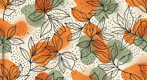 Abstract floral pattern with bold black lines, vibrant orange and green shapes, and a cream background