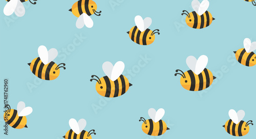 Cartoon bee seamless pattern on a light blue background