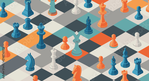 Chess board pattern in isometric style with colorful pieces. Chess pieces represent strategy and competition